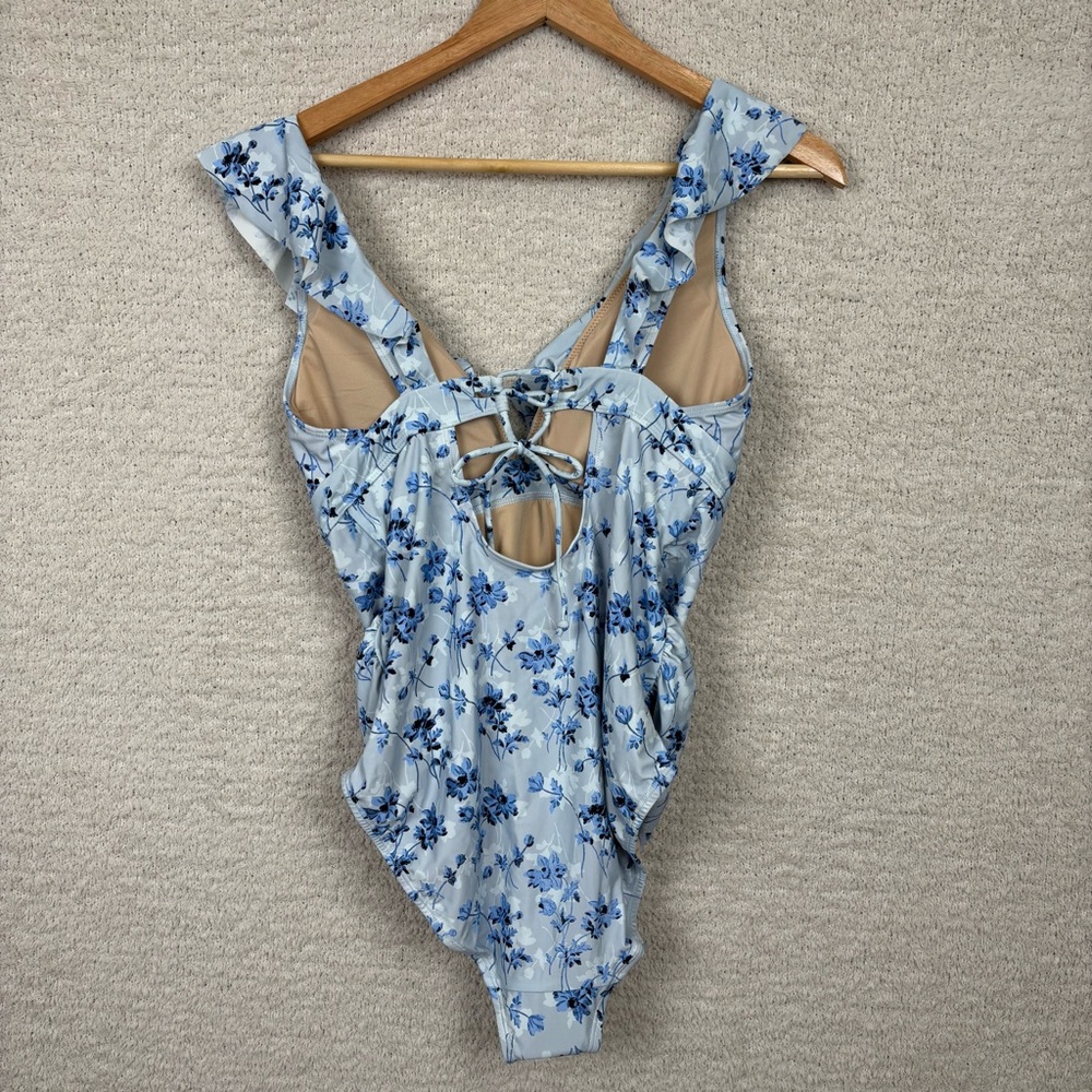 A Pea In The Pod Swimsuit Womens L Blue Floral Maternity Ruffle One Piece Boho - Picture 3 of 7